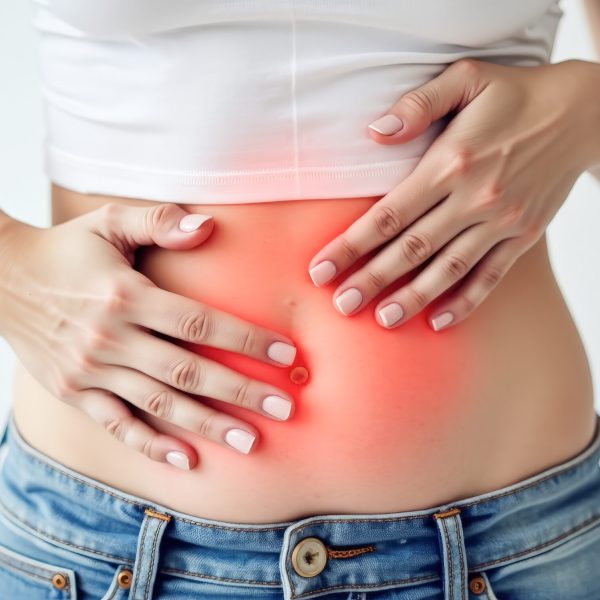 a woman holds her stomach with her hands, the concept of stomach disease