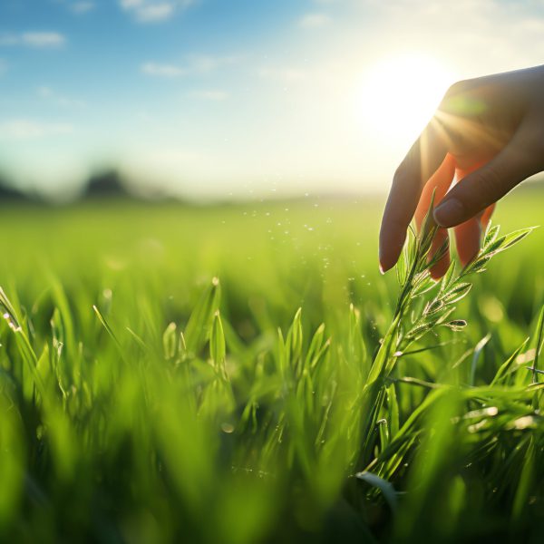 The meadow is a gentle protector of the Earth’s environment. A woman’s hand gently strokes the grass. Earth’s energy heals the heart and body, nurturing health. The concept of healing. The meadow is a gentle protector of the Earth's environment. A woman's hand gently strokes the grass. Earth's energy heals the heart and body, nurturing health. The concept of healing.