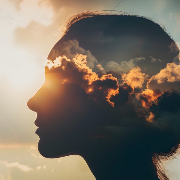 Psychology and woman mental health and weather dependent concept Multiple exposure clouds and sun on female head silhouette : Generative AI Psychology and woman mental health and weather dependent concept Multiple exposure clouds and sun on female head silhouette : Generative AI